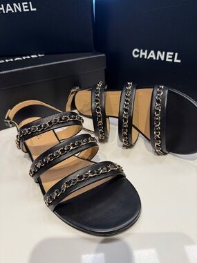 CHANEL Black Leather Multi-Strap Sandals with Gold Chain